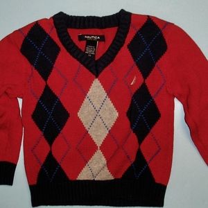 BOYS RED/NAVY/GREY NAUTICA ARGYLE SWEATER, 2T USED